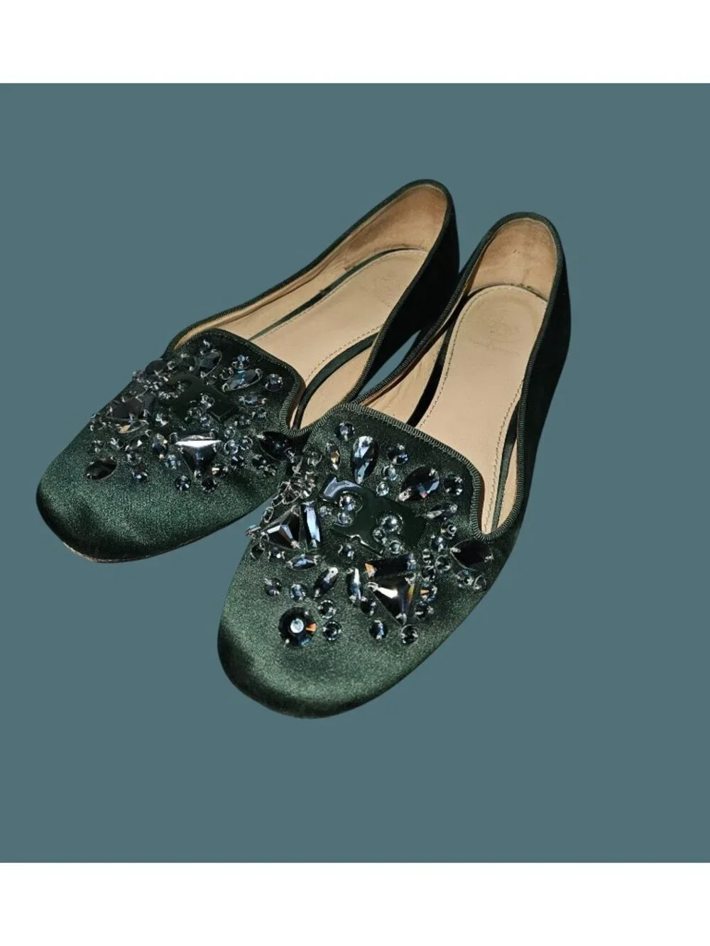 Tory Burch Green Satin Delphine T Logo Embellished Ballet Flats Size 8M